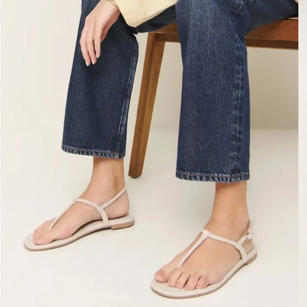 Reformation Cream Linen Thea T-Strap Women's Sandals